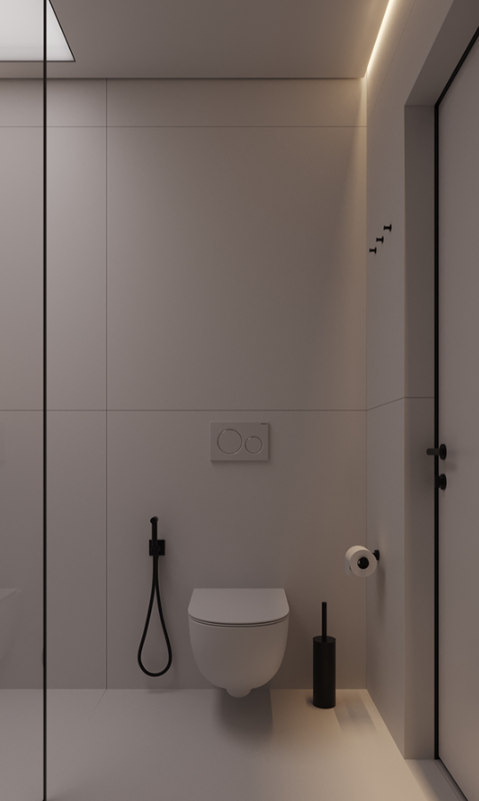 Black wall hung behind the wall cistern tank carrier, bowl, button and black bidet kit