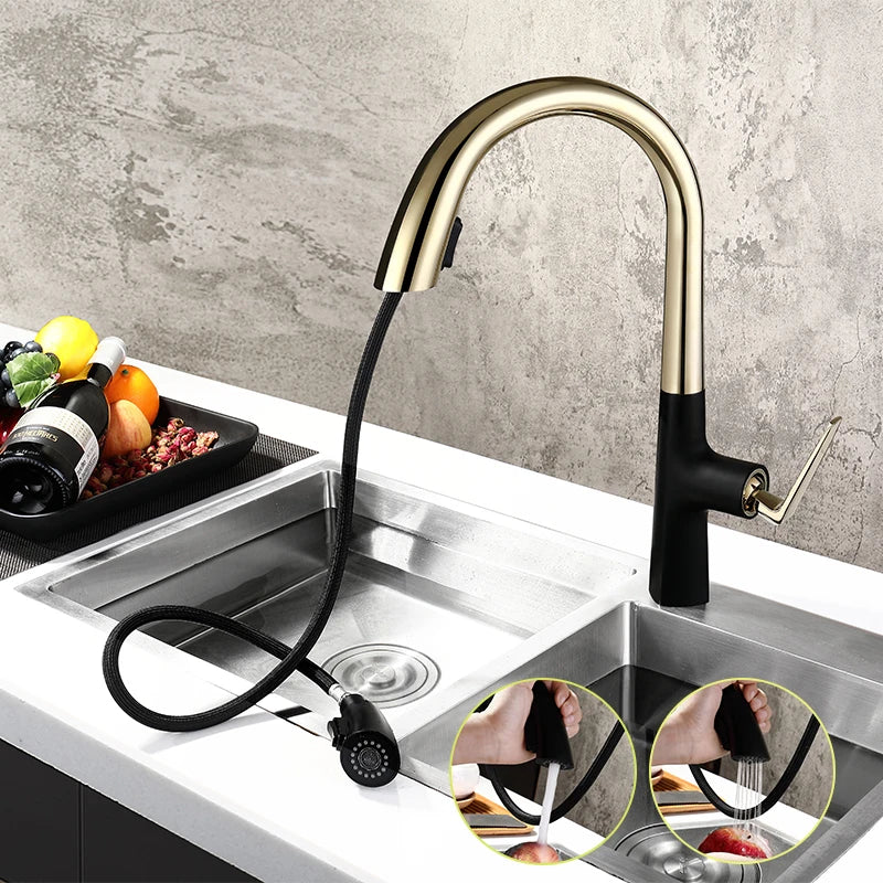 Kitchen Kit 2 In 1 Sink Faucet With Pull Down Stream Sprayer Single Lever Black Gold 360 Rotating Extendable Hot Cold Mixer Tap