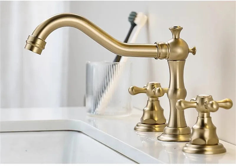 Brushed gold Victorian Traditional 8" Inch wide spread lavatory faucet