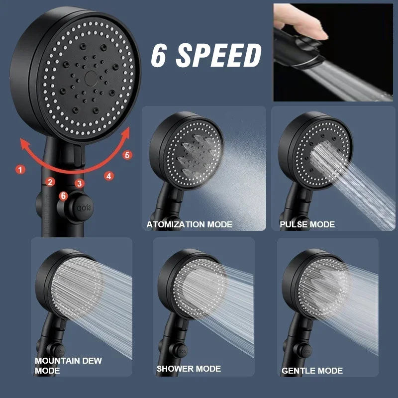 Black round 6 functions hand shower sprayer