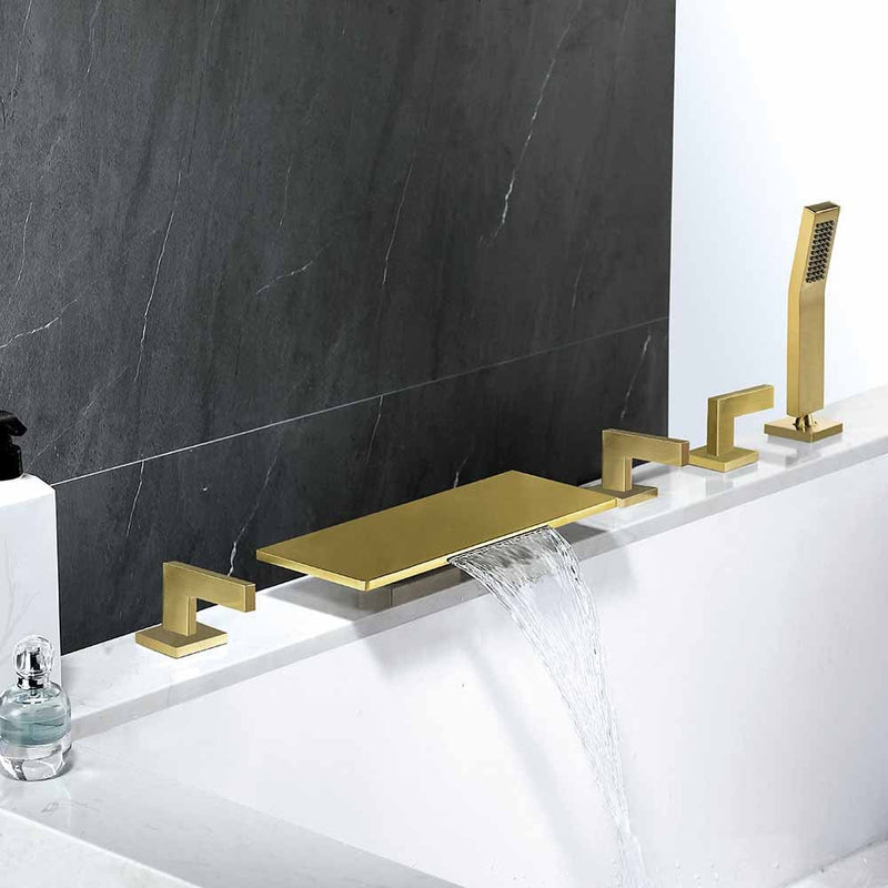 Modern square waterfall 5 pieces deck mounted bathtub filler faucet set