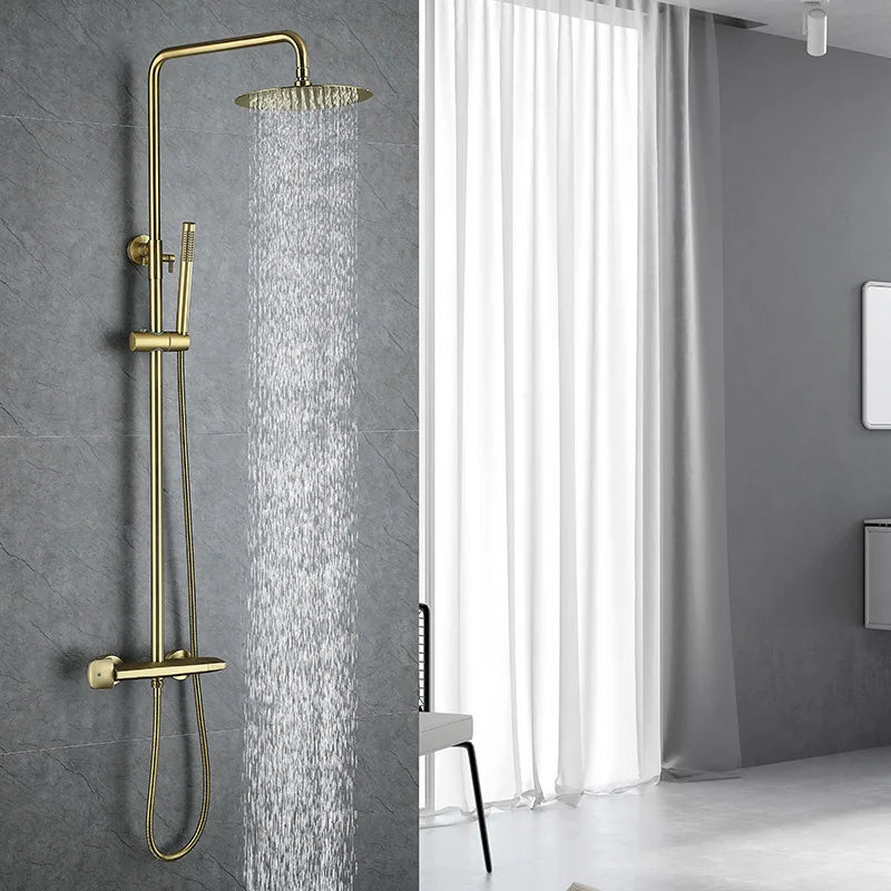 Brush Gold Bath Shower Set Bathroom Hot Cold Thermostatic Mixer Shower System Bathtub Wall Mount SPA Rainfall Modern Faucets Tap