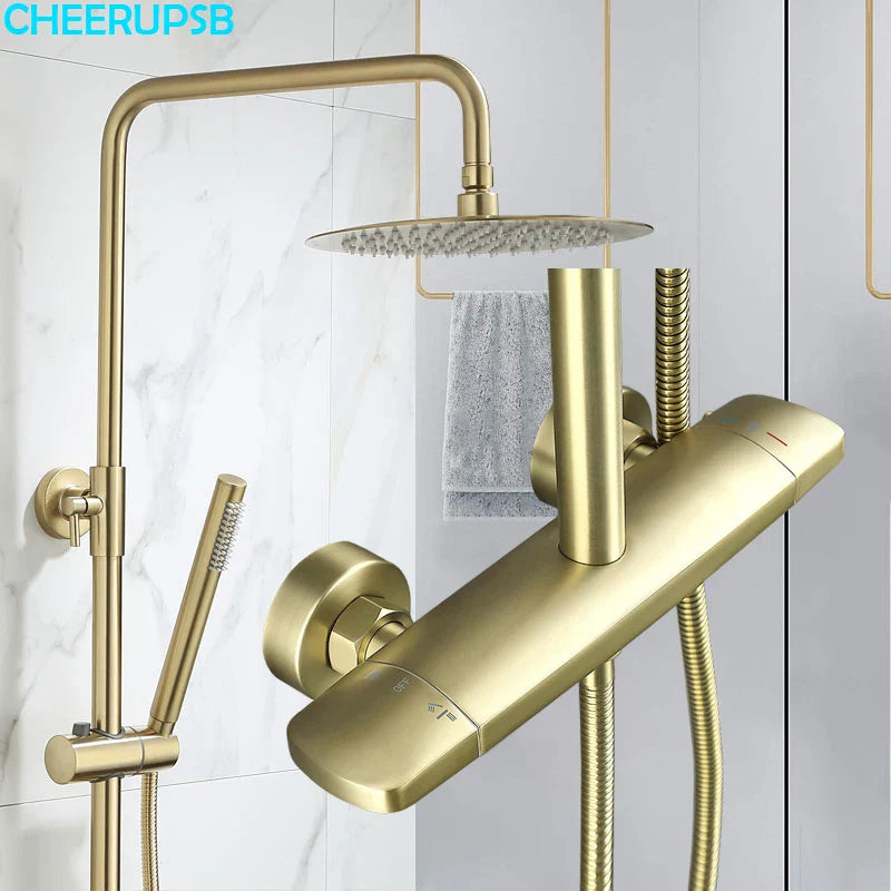 Brush Gold Bath Shower Set Bathroom Hot Cold Thermostatic Mixer Shower System Bathtub Wall Mount SPA Rainfall Modern Faucets Tap