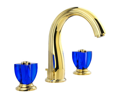 Elysee-Gold polished brass with swarosky crystal handles 8" inch wide spread bathroom faucet