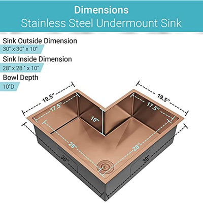 Copper -Brushed Gold-Rose Gold Corner 30" Inch stainless steel single bowl undermount kitchen sink 14 gauge