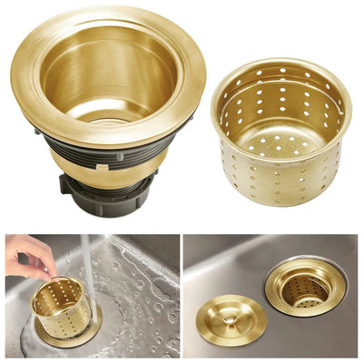 Brushed Gold Kitchen sink Stainless Steel Drain Assembly Strainer Basket Snap Lock Stopper