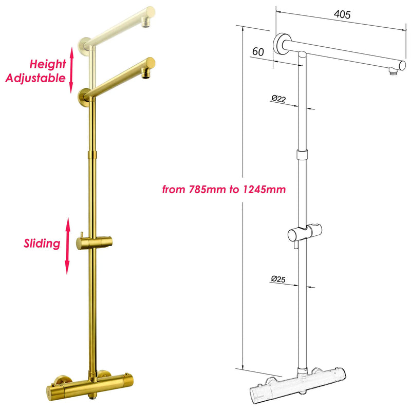 Brushed gold modern exposed thermostatic 2 way function shower system