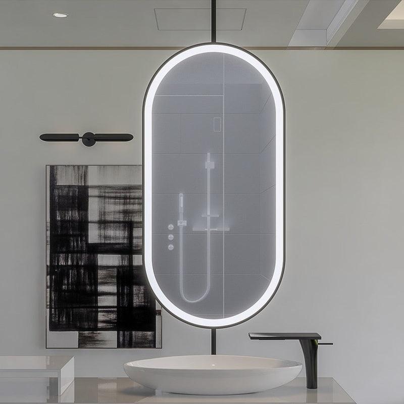 Black Ceiling Mount  Oval Mirror Bathroom LED Sensor Full Length Mirror