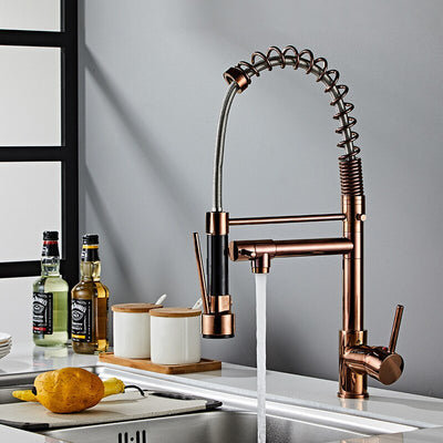 Rose Gold Polished Chef Industrial Dual Pot Filler and Pull Out Spray Kitchen Faucet