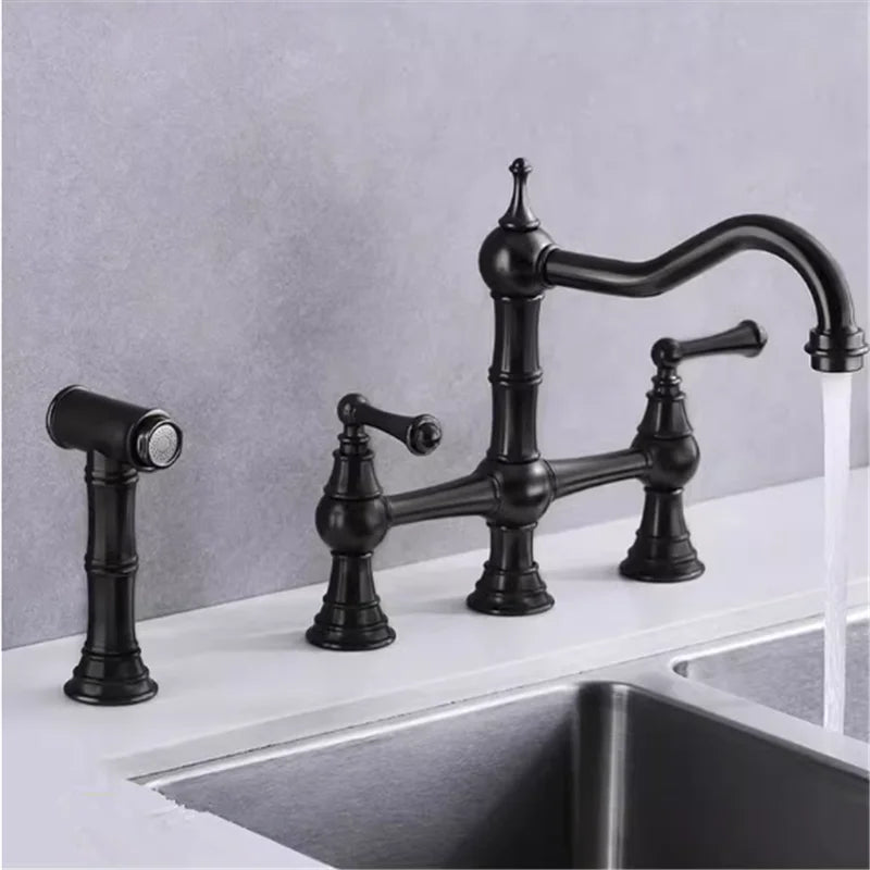 Gold-Black Victorian Bridge kitchen faucet with pull out sprayer