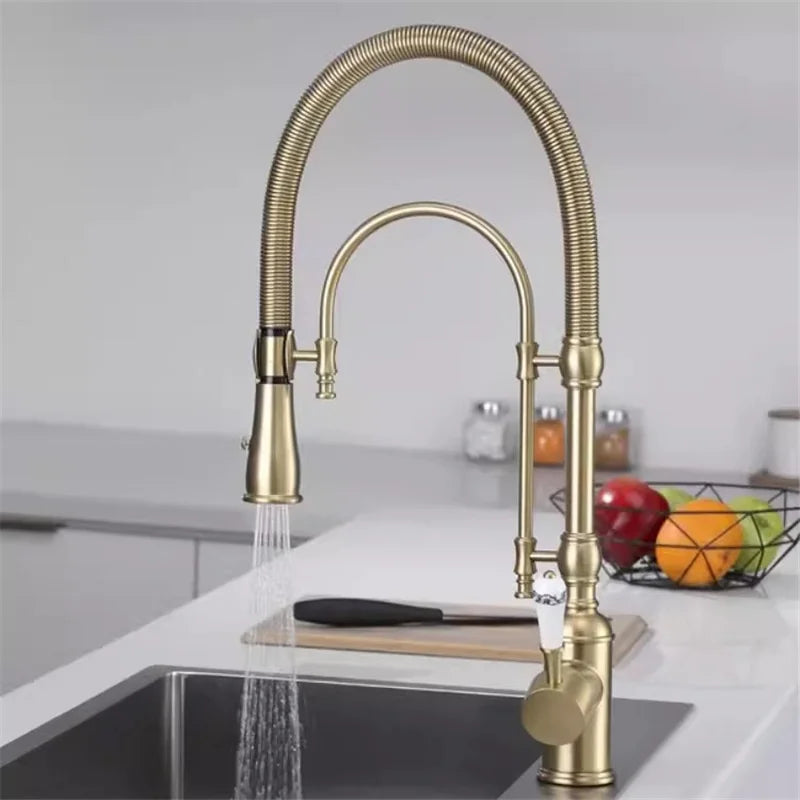 Brushed Gold Victorian Kitchen Faucet with porcelain handle