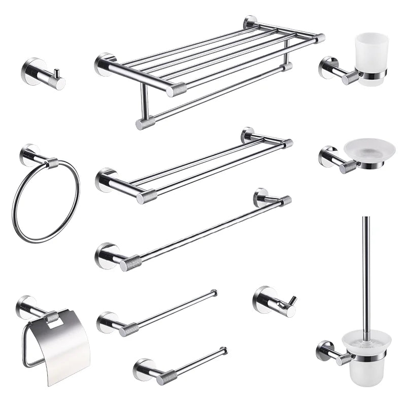 CARA-Chrome Bathroom Accessories Set Wall Mount Knurled Bath Shelf Robe Hanger Toilet Paper Holder Towel Bar Rack Stainless Steel