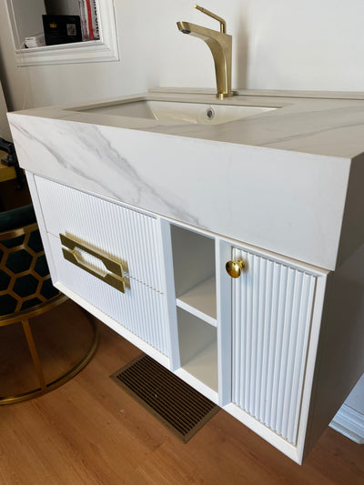 SIENNA- White with brushed gold wall hung bathroom vanity