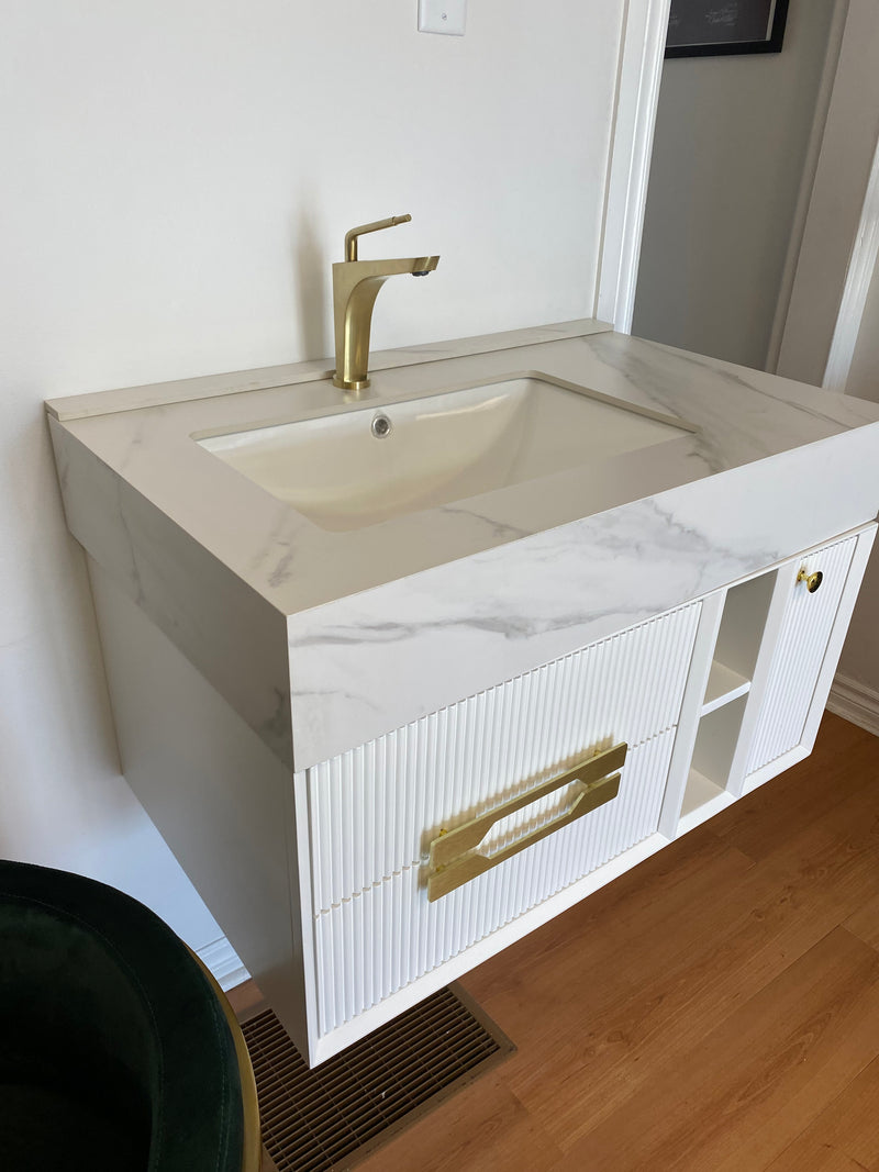 SIENNA- White with brushed gold wall hung bathroom vanity