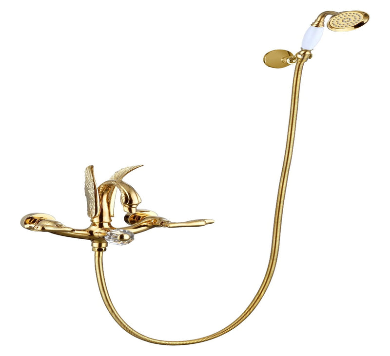 Gold Polished Swan Bathtub Filler 2 Way with Porcelain Handle sprayer