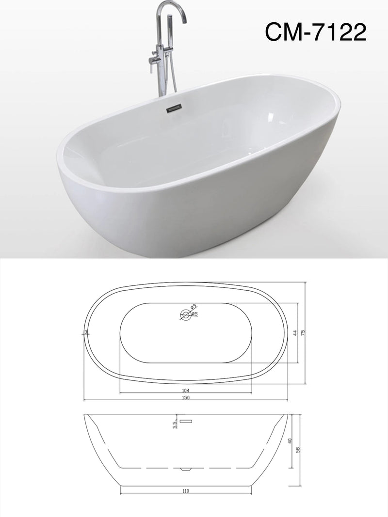 WHITE ACRYLIC FREESTANDING BATHTUB OVAL SHAPE 59"