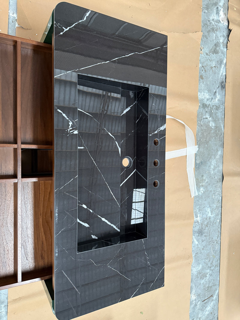 TURIN-Dark Green Gloss Double Nero Natural Marble Sink with solid walnut wood interior 2 front legs vanity set 60."