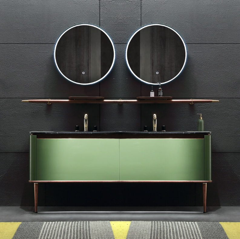 TURIN-Dark Green Gloss Double Sink with solid walnut wood interior 2 front legs vanity set 60."