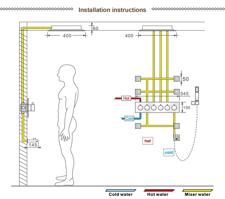 LED Waterfall Rain Ceiling Mount Shower 2 Way Diverter in Chrome Control Thermostatic Shower Kit