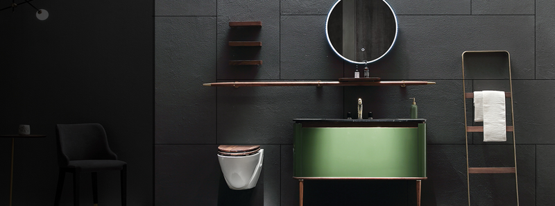 TURIN-Dark Green Gloss Double Nero Natural Marble Sink with solid walnut wood interior 2 front legs vanity set 60."