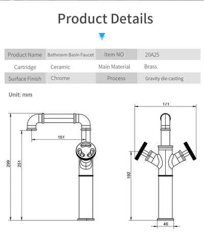 Prague-Black Industrial Victorian Hot and Cold Lever Tall and short bathroom faucet