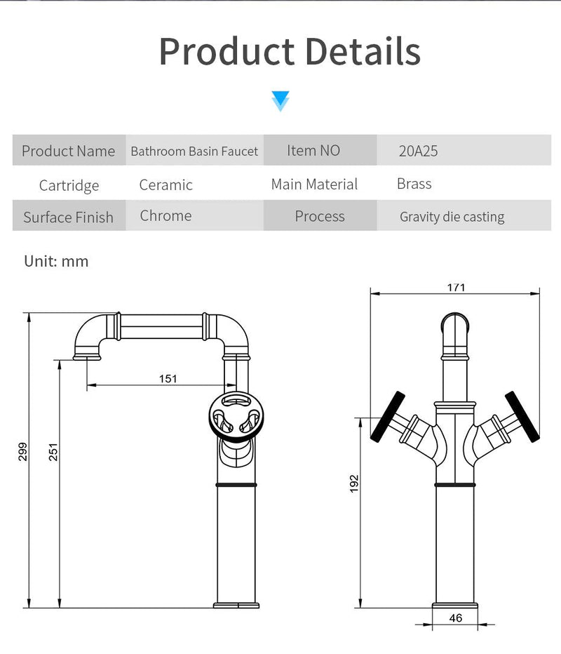 Prague-Black Industrial Victorian Hot and Cold Lever Tall and short bathroom faucet