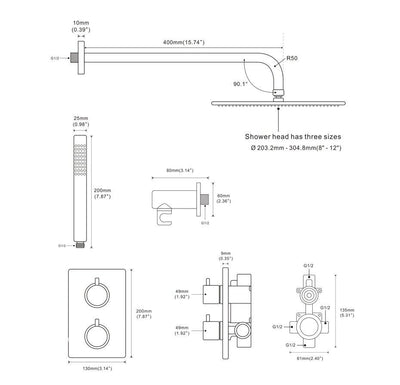 Rose gold polished Square 12" Inches Rain Head 3 way function diverter thermostatic PB with 4 body jets massage shower kit