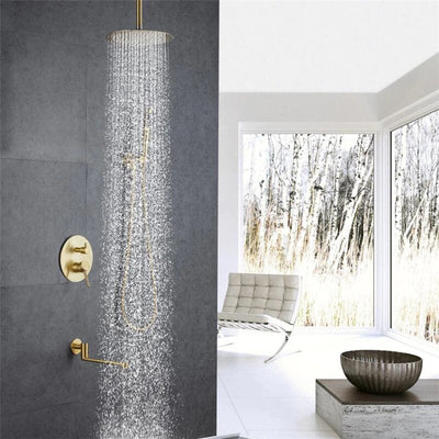 Brushed Gold Round 10 Inch Rain Head 3 Way Diverter & Tub Filler Shower Kit