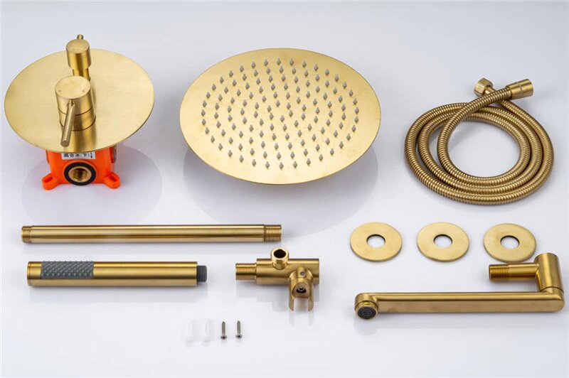 Brushed Gold Round 10 Inch Rain Head 3 Way Diverter & Tub Filler Shower Kit