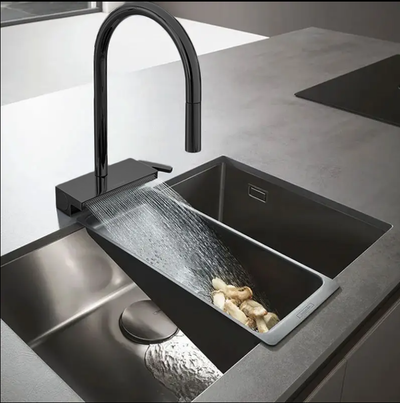 Munich-Grey gun waterfall kitchen LED display faucet with dual pull out sprayer
