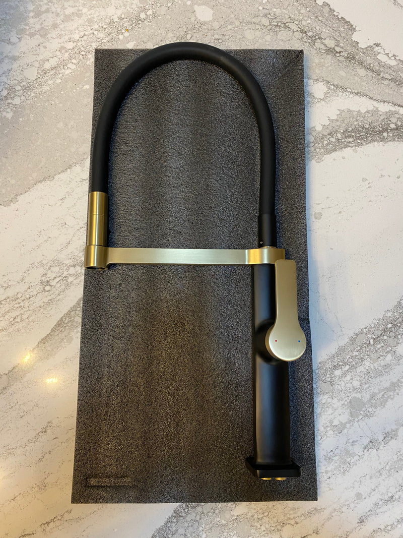 Barolo-Nordic design-Black with brushed gold -black matte- tall 21" pull our dual spray kitchen faucet