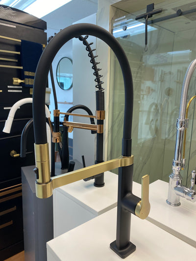 Barolo-Nordic design-Black with brushed gold -black matte- tall 21" pull our dual spray kitchen faucet