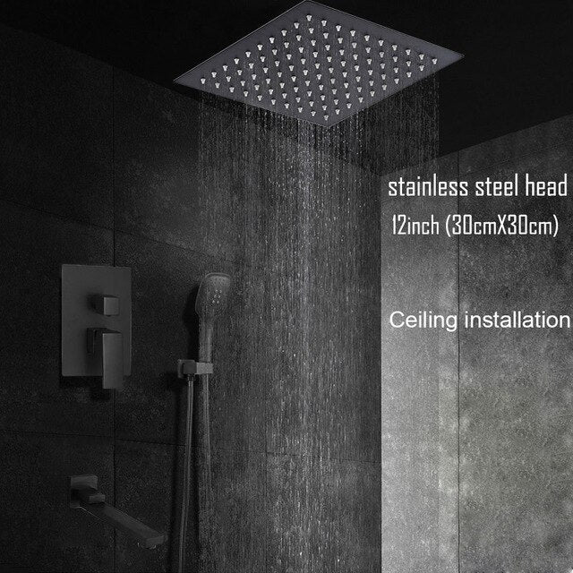 Black Ceiling or Wall Mounted 2 or 3 Way Pressure Balance Shower Completed Set