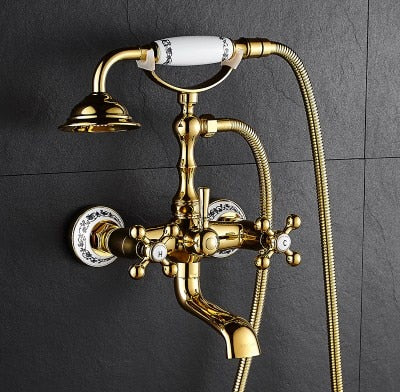 Gold Wall-mounted Bathtub Filler with Porcelain Handles