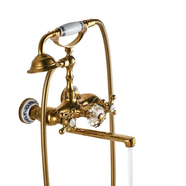 Gold Wall-mounted Bathtub Filler with Porcelain Handles