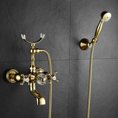 Gold Wall-mounted Bathtub Filler with Porcelain Handles