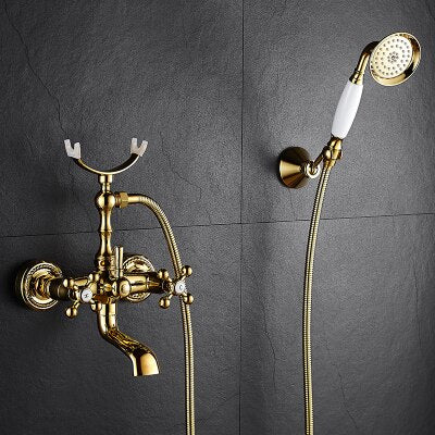 Gold Wall-mounted Bathtub Filler with Porcelain Handles