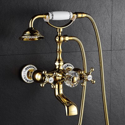 Gold Wall-mounted Bathtub Filler with Porcelain Handles