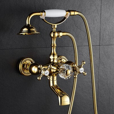 Gold Wall-mounted Bathtub Filler with Porcelain Handles