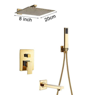 Gold polished 3 way diverter function rain, tub and hand spray pressure balance shower kit