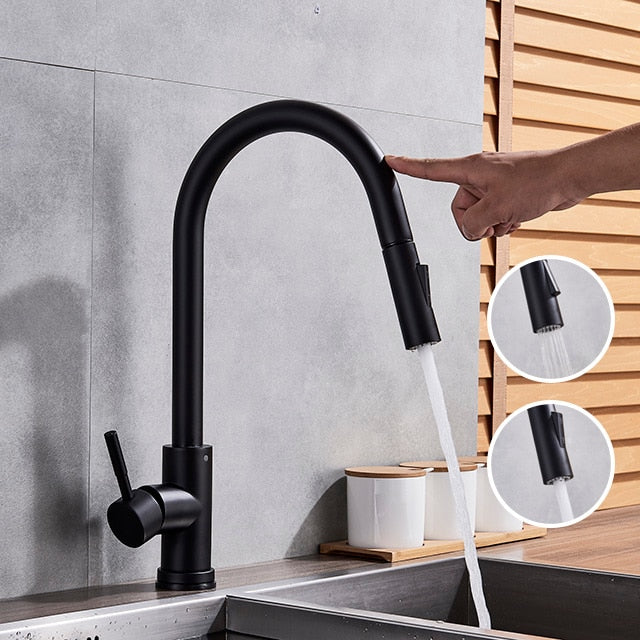 Matte Black - Brushed Gold Touch Less Sensor Kitchen Faucet Pull Out Dual Sprayer Mode