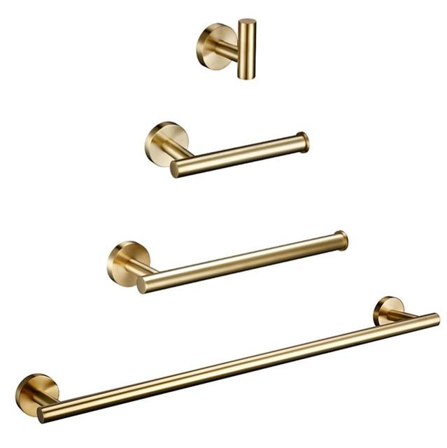 Brushed Gold Stainless Steel Round Wall Mounted Hand Towel Bar-Paper Holder Robe Towel Hooks Bathroom Accessories Kit