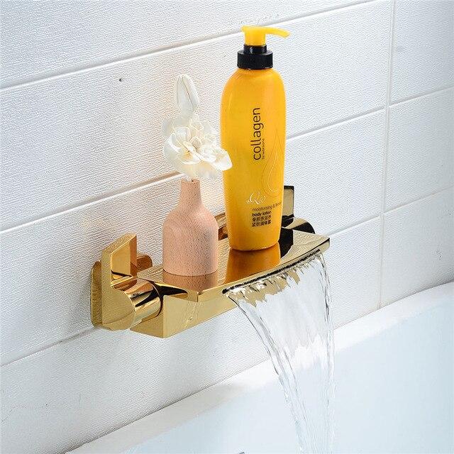 Gold Waterfall Wall Mounted Bathtub Filler Faucet Set