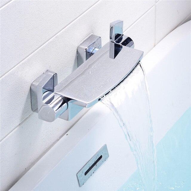 Gold Waterfall Wall Mounted Bathtub Filler Faucet Set