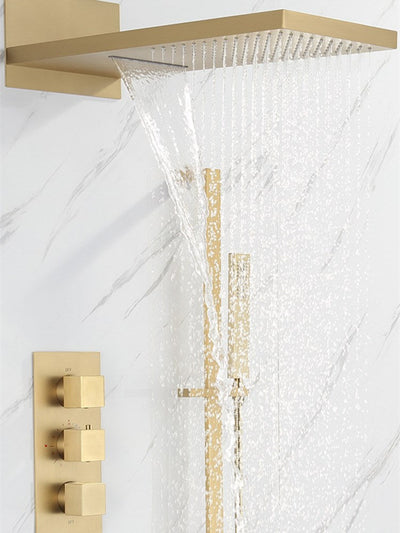 Gold polished - Matte Black-Chrome  Square 4 way  Way Thermostatic Waterfall Rain Head Shower Kit