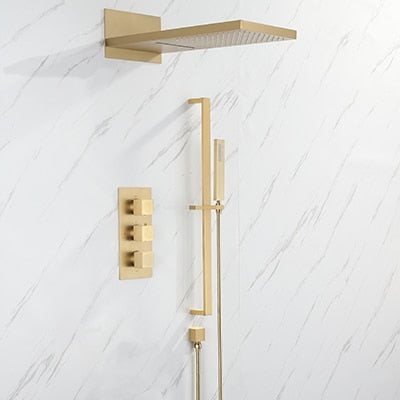 Gold polished - Matte Black-Chrome  Square 4 way  Way Thermostatic Waterfall Rain Head Shower Kit