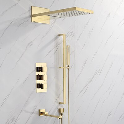 Gold polished - Matte Black-Chrome  Square 4 way  Way Thermostatic Waterfall Rain Head Shower Kit