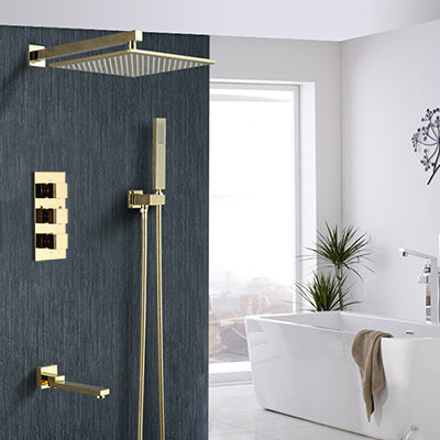 Polished Gold- Brushed Gold 3 Way Thermostatic Wall and ceiling Mount Completed Shower Kit