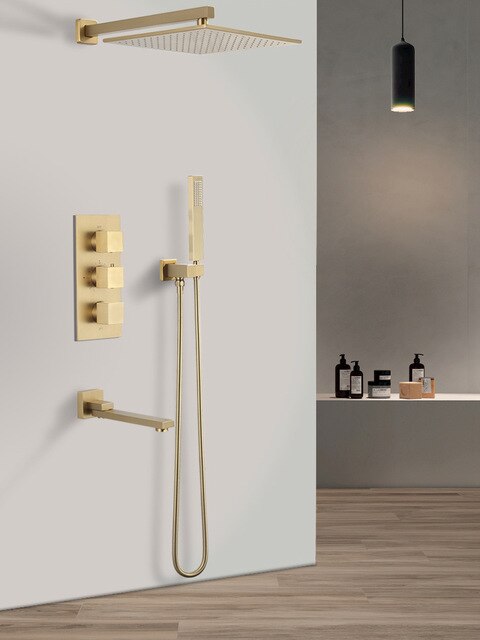 Polished Gold- Brushed Gold 3 Way Thermostatic Wall and ceiling Mount Completed Shower Kit