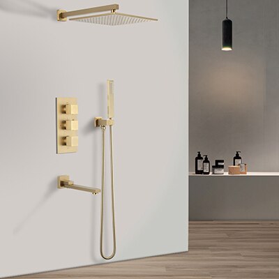 Polished Gold- Brushed Gold 3 Way Thermostatic Wall and ceiling Mount Completed Shower Kit